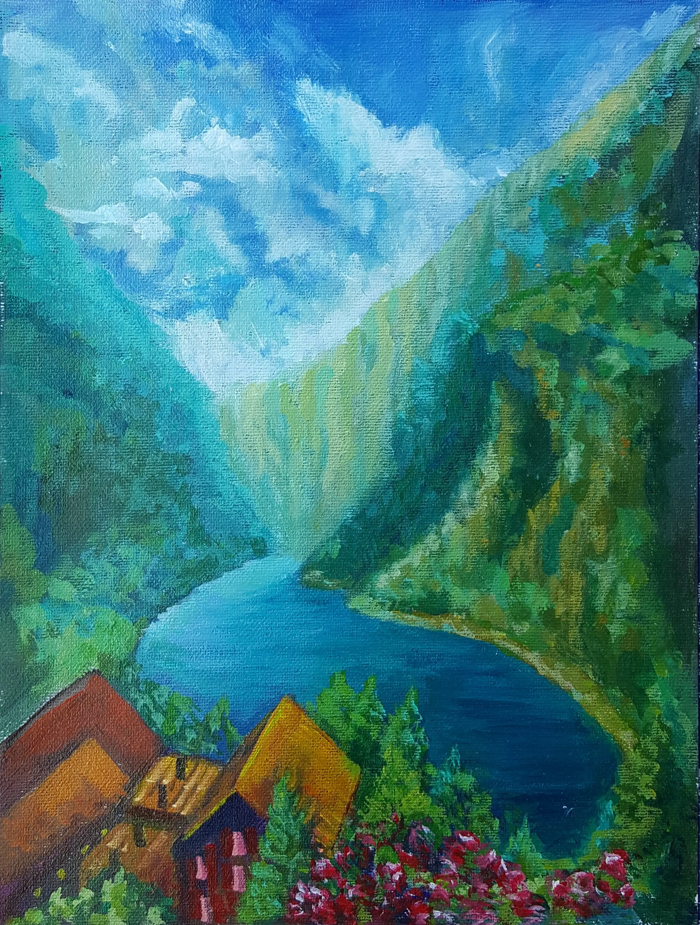 Jezero v horach. akryl. 23x30